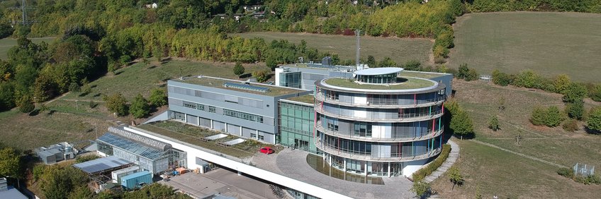 Drone image of the institute building on the Beutenberg Campus.